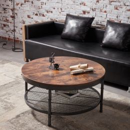 2-Tier Single Panel Round Coffee Table for Living Room and Bedroom;  with 3D Texture Metal Frame and Mesh