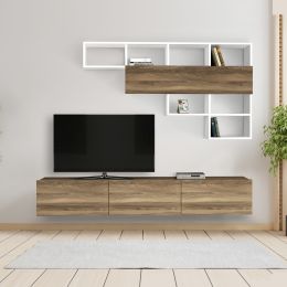 71 Inch Wall Mount TV Console Entertainment Cabinet; 3 Doors; 1 Floating Shelf; Light Walnut; White; DunaWest