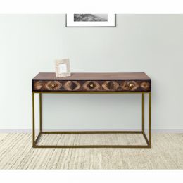 51 Inch 3 Drawer Mango Wood Console Table; Diamond Textured Panels; Metal Frame; Brown; DunaWest