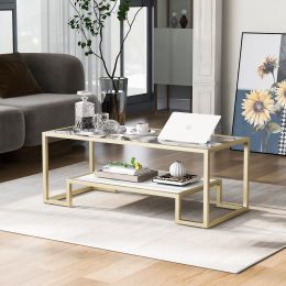 Modern, Minimalist Design Living Room Coffee Table, Metal with Stained White Tempered Glass, 2-Tier Sofa Cocktail Tables