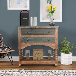 38 Inch 2 Drawer Solid Wood Console Table with Beaded Legs; Brown and Gray; DunaWest