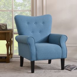 Modern Wing Back Accent Chair Roll Arm Living Room Cushion with Wooden Legs, Blue RT