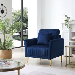 Velvet Accent Chair Round Arm Chair with Gold Legs; Upholstered Single Sofa for Living Room Bedroom; Navy Blue with 1 Throw Pillow