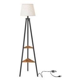 Tapered Drum Shade Floor Lamp with 2 Open Shelves; White and Black; DunaWest