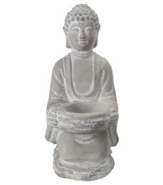 Kneeled Cement Buddha Figurine with Front Candle Holder; Gray; DunaWest