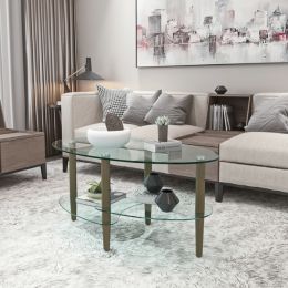 Oval glass coffee table; modern table in living room Oak wood leg tea table 3-layer glass table