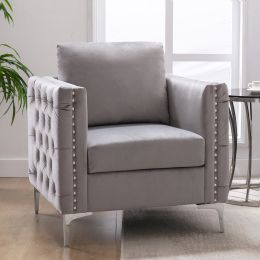 Modern Velvet Armchair Tufted Button Accent Chair Club Chair with Steel Legs for Living Room Bedroom