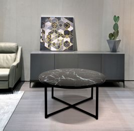 Cross Legs Glass Coffee Table with Metal Base, Marble Black Color Top