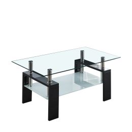 Artisan Center Coffee Table, Tempered Glass Top Stainless Steel Legs for Living Room, Black