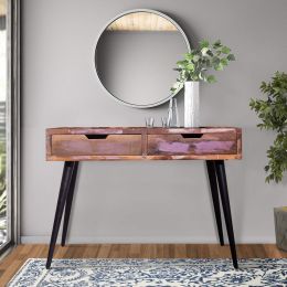 43 Inch 2 Drawer Reclaimed Wood Console Table; Angled Legs; Multi Tone Pastel Accent; Brown; Black; DunaWest