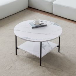 Modern Round coffee table with storage; Black metal frame with marble color top-31.5"