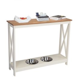 X design Console Table Narrow Long Entrance Table with Storage Shelves with pet basin - White+Wood grain Desktop XH