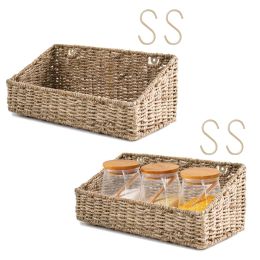 Set 2 Rectangular Sloped Cut Closet Storage Baskets Bins for Shelves, Woven Wicker Organizing Shelf Organizer Bins