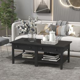 Classical Wooden Espresso & White Coffee Table with Open Styled Shelf Large Storage Space, Cocktail Table with Two Drawers for Living Room