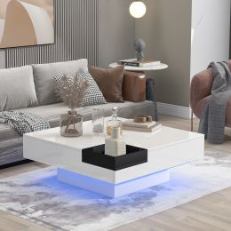 Modern Minimalist Design 31.5*31.5in Square Coffee Table with Detachable Tray and Plug-in 16-color LED Strip Lights Remote Control for Living Room