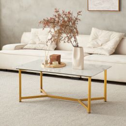 43.7" Sintered Stone Rectangle Coffee Table with Gold Carbon Steel Frame with Carrara White Marble Color Top